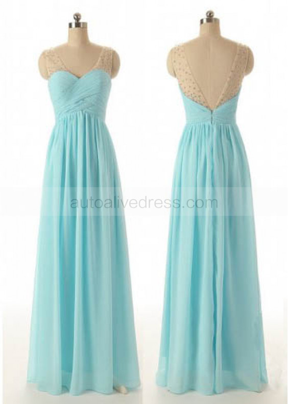 A-line Sheer V Neckline Blue Chiffon Ruched Beaed Bridesmaid Dress
